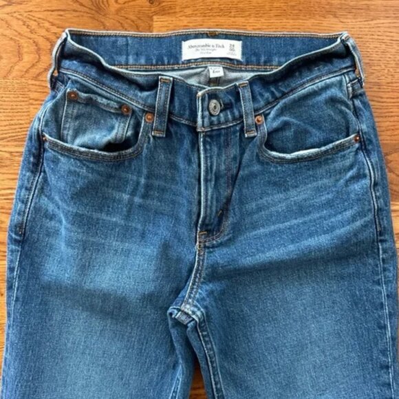 Abercrombie 90's Straight Mid Rise Jeans Denim 00 24 Blue Medium Curve Love Raw - Picture 2 of 6